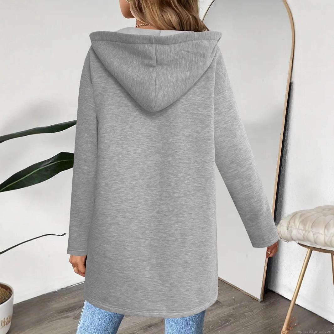 Women's Plus Size Hooded Jacket Long Sleeve Zip Up Hoodie Solid Color Autumn Winter Casual Warm Sweatshirt Coat With Pockets