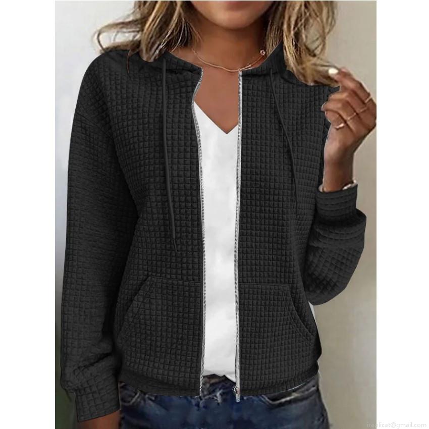Women's Casual Waffle Knit Zip Up Hoodie Jacket Long Sleeve Solid Color Sweatshirt With Pockets Loose Fit Fashion Outerwear For Women