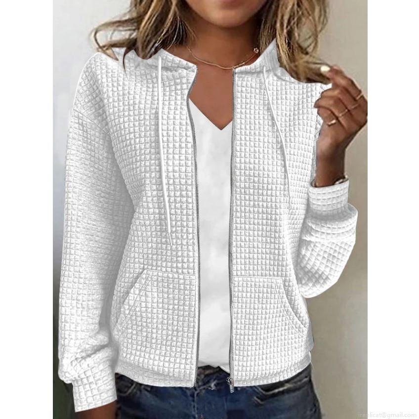 Women's Casual Waffle Knit Zip Up Hoodie Jacket Long Sleeve Solid Color Sweatshirt With Pockets Loose Fit Fashion Outerwear For Women