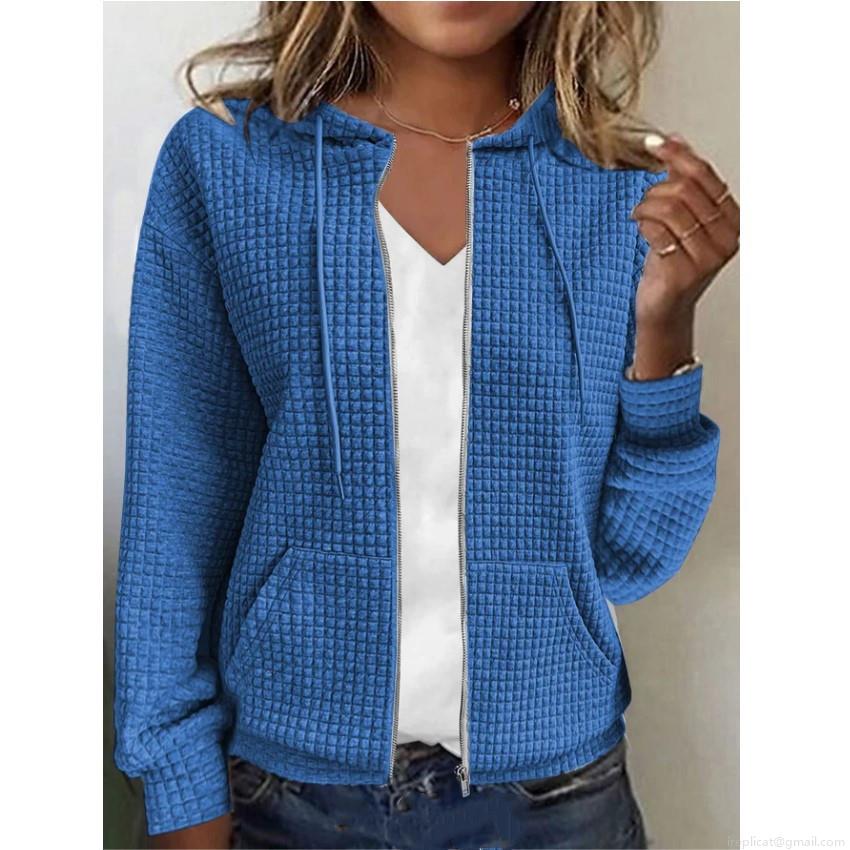Women's Casual Waffle Knit Zip Up Hoodie Jacket Long Sleeve Solid Color Sweatshirt With Pockets Loose Fit Fashion Outerwear For Women