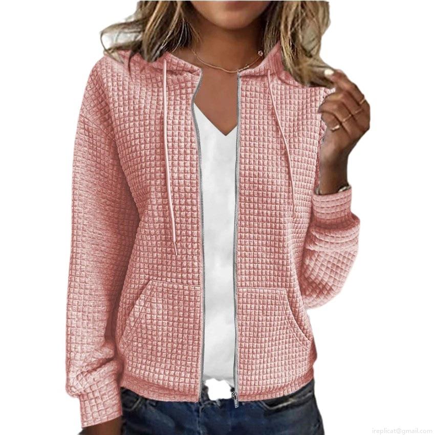 Women's Casual Waffle Knit Zip Up Hoodie Jacket Long Sleeve Solid Color Sweatshirt With Pockets Loose Fit Fashion Outerwear For Women