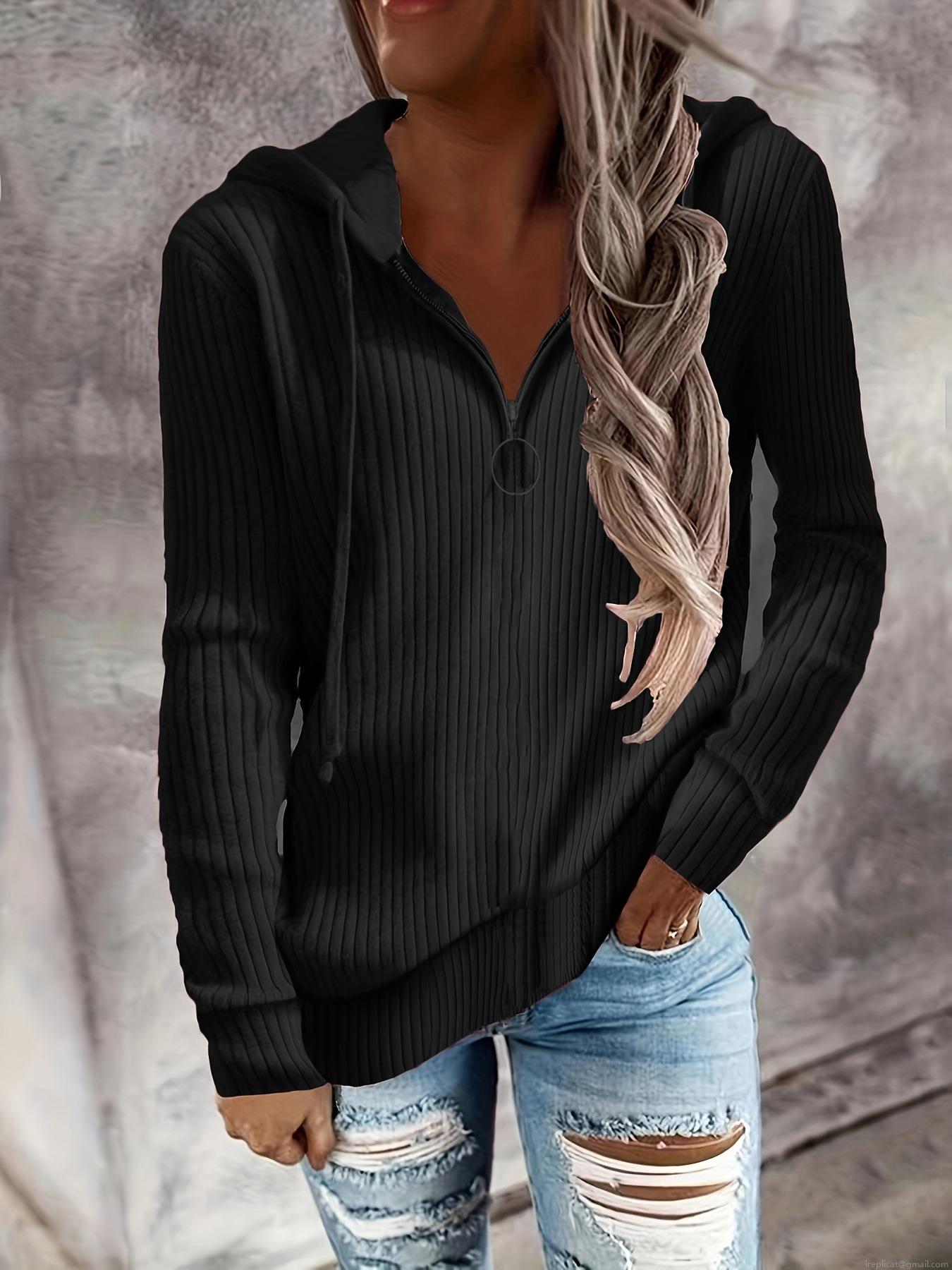 Women's Casual Ribbed Knit Hoodie Loose Fit Half Zip Long Sleeve Pullover Sweatshirt with Metal Ring Zipper Autumn Winter Outdoor Hooded Top