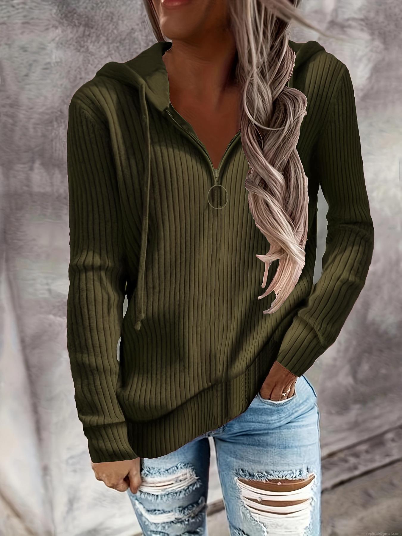 Women's Casual Ribbed Knit Hoodie Loose Fit Half Zip Long Sleeve Pullover Sweatshirt with Metal Ring Zipper Autumn Winter Outdoor Hooded Top