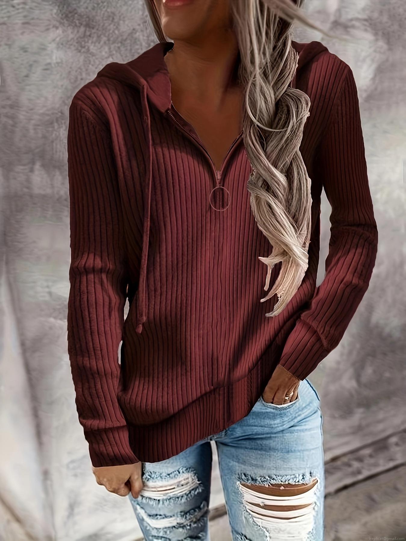 Women's Casual Ribbed Knit Hoodie Loose Fit Half Zip Long Sleeve Pullover Sweatshirt with Metal Ring Zipper Autumn Winter Outdoor Hooded Top