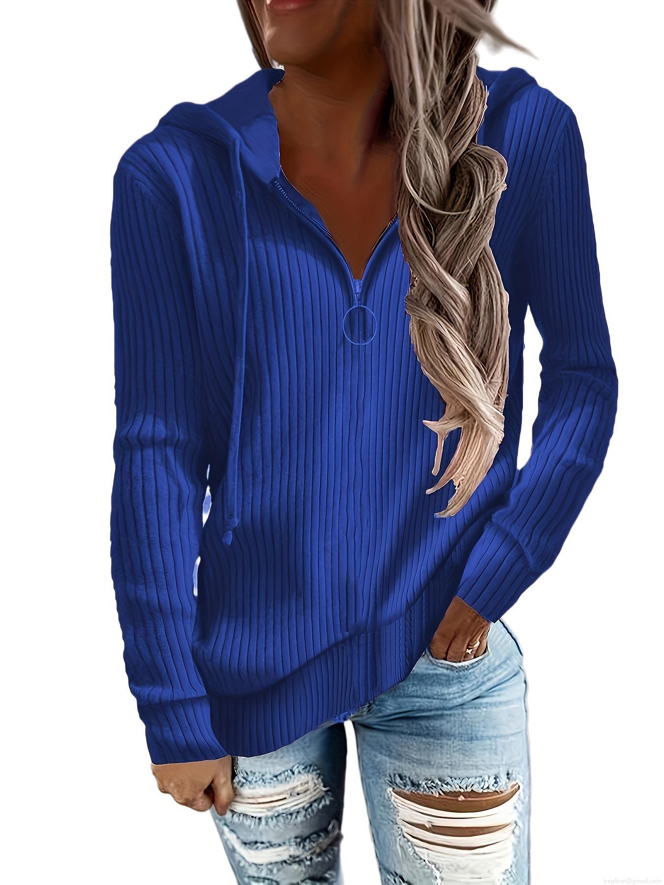 Women's Casual Ribbed Knit Hoodie Loose Fit Half Zip Long Sleeve Pullover Sweatshirt with Metal Ring Zipper Autumn Winter Outdoor Hooded Top