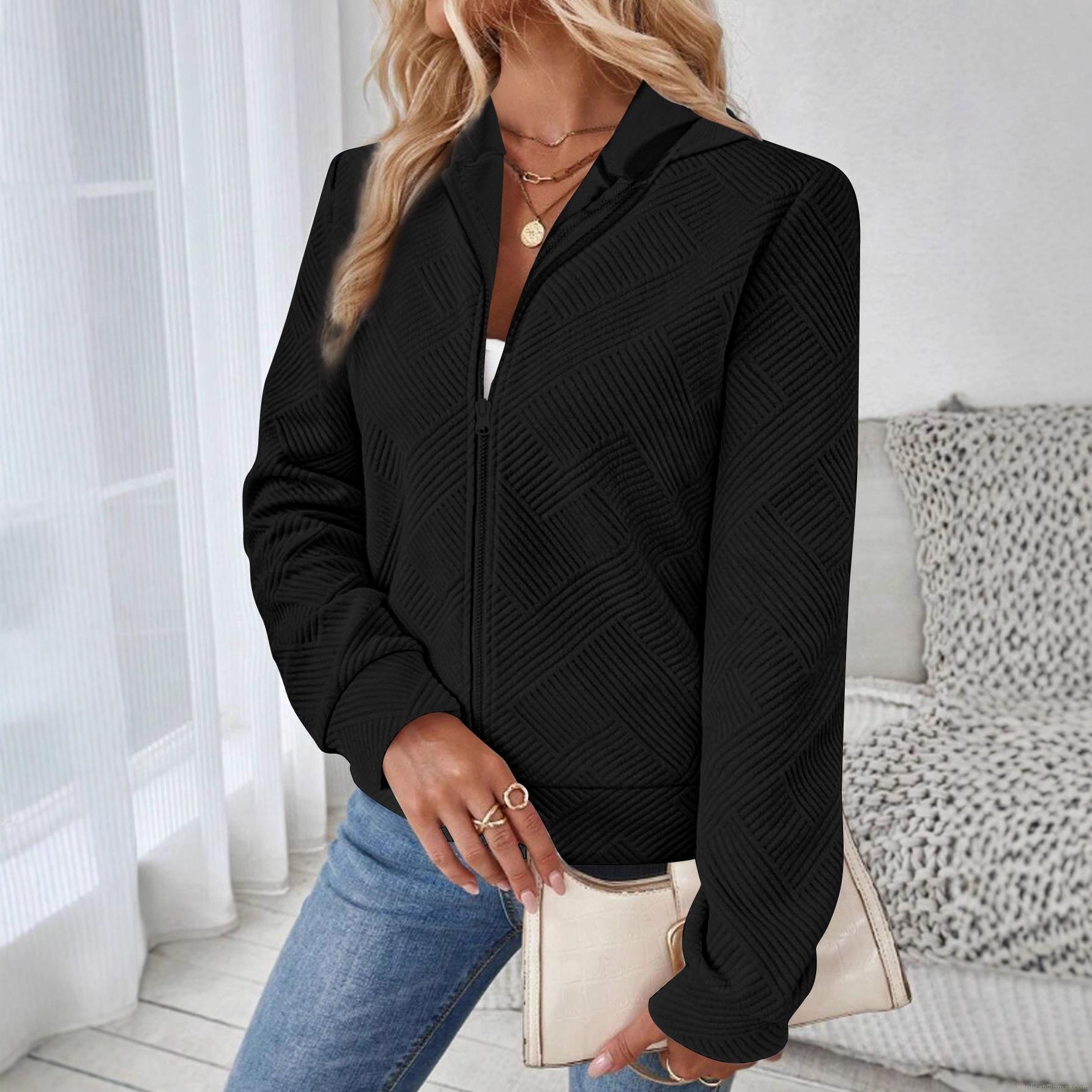 Women's Textured Zip Up Hoodie Geometric Jacquard Long Sleeve Sweatshirt Jacket Casual Hooded Outerwear Polyester Spandex Blend Autumn Winter Fashion for Women