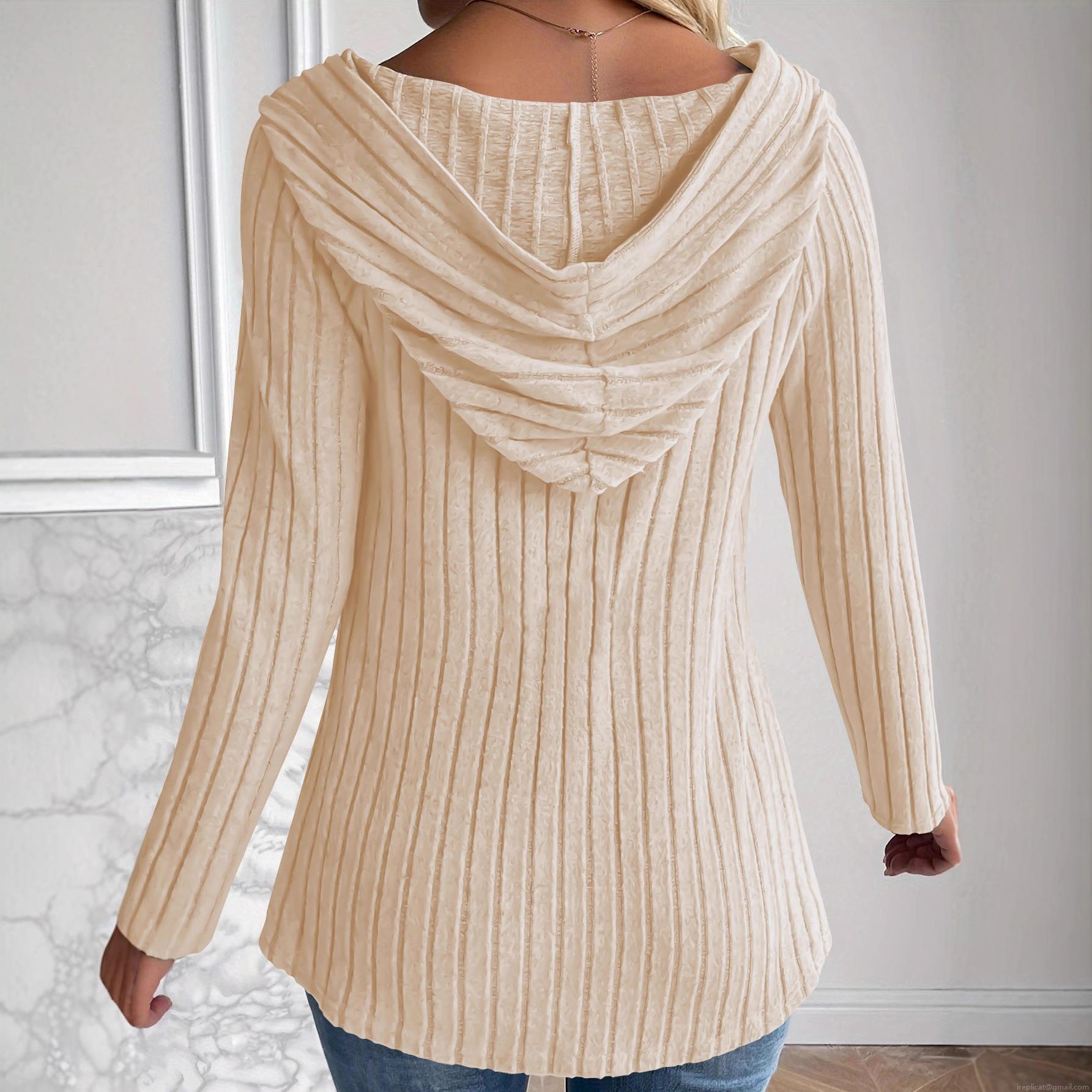 Women's Plus Size Hooded Cardigan Ribbed Knit Button Up Long Sleeve Brushed Casual Outerwear Fall Winter Solid Color Soft Jacket Top