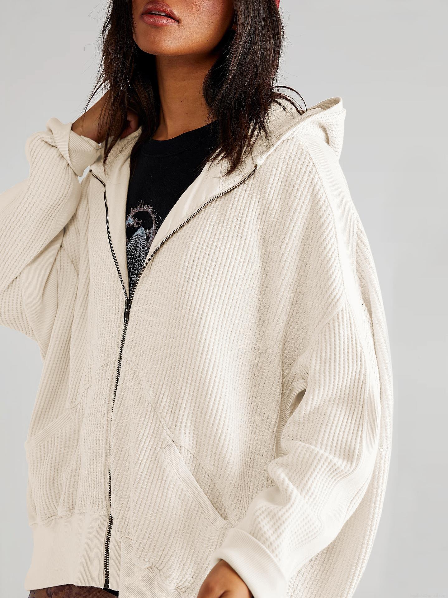 Women's Casual Waffle Knit Zip Up Hoodie Loose Oversized Mid-Length Solid Color Long Sleeve Cardigan Sweatshirt Jacket Coat for Daily Streetwear