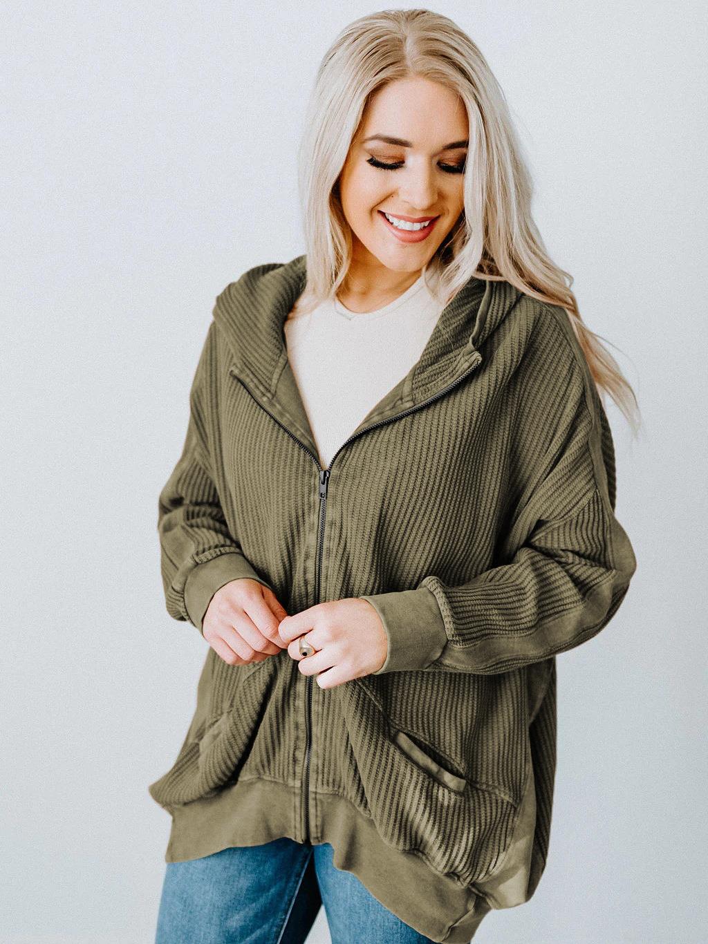 Women's Casual Waffle Knit Zip Up Hoodie Loose Oversized Mid-Length Solid Color Long Sleeve Cardigan Sweatshirt Jacket Coat for Daily Streetwear