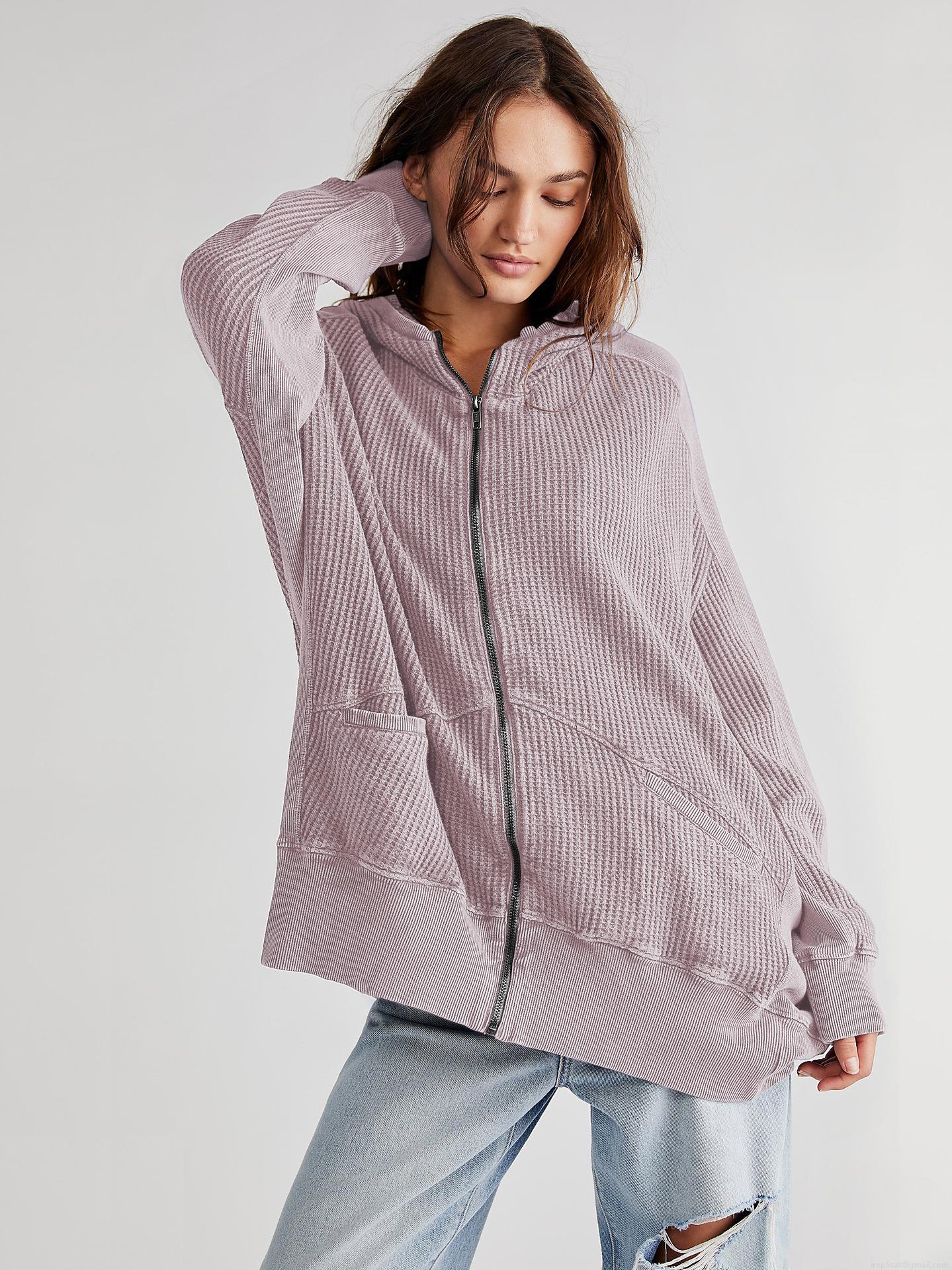 Women's Casual Waffle Knit Zip Up Hoodie Loose Oversized Mid-Length Solid Color Long Sleeve Cardigan Sweatshirt Jacket Coat for Daily Streetwear