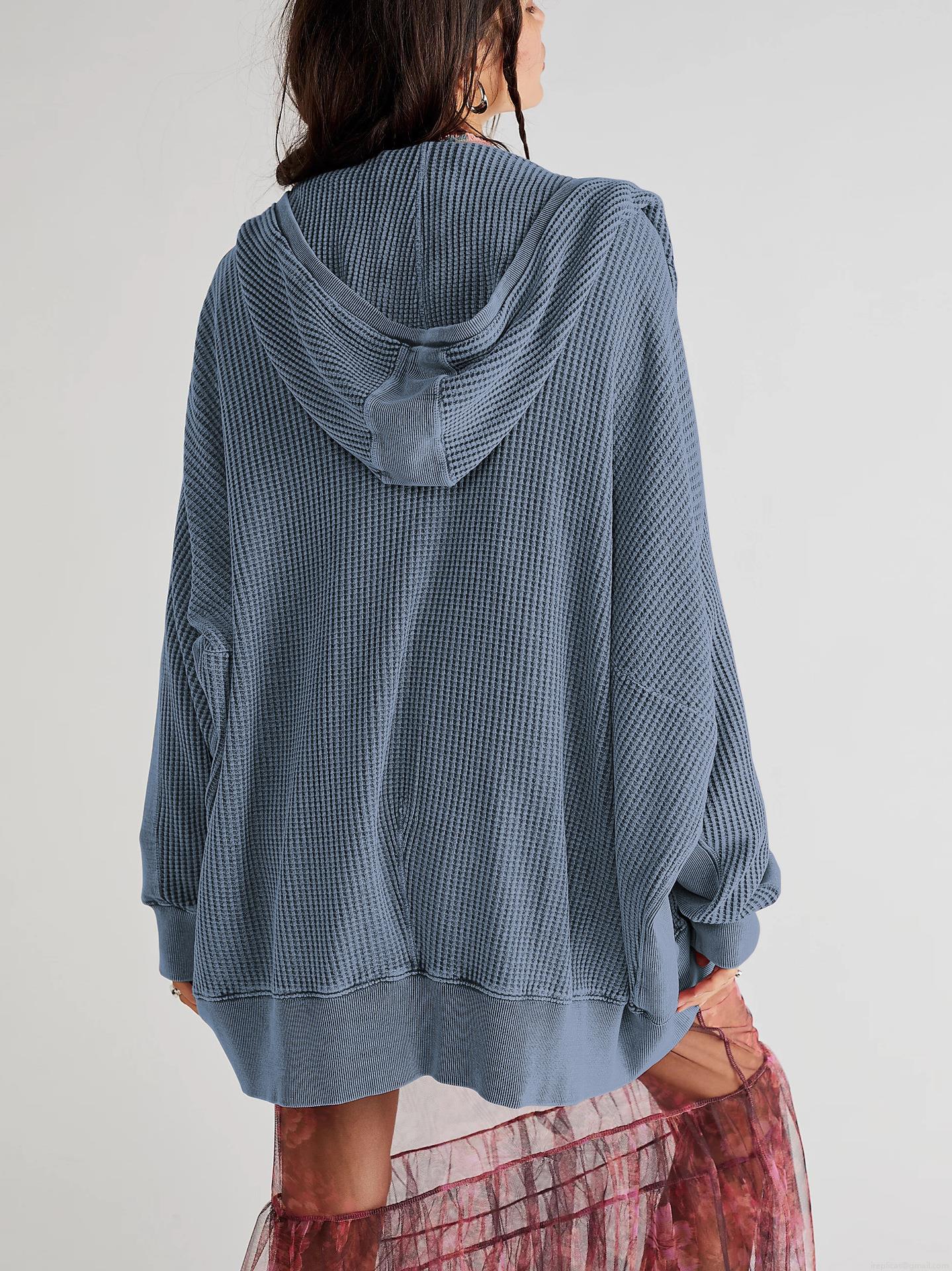 Women's Casual Waffle Knit Zip Up Hoodie Loose Oversized Mid-Length Solid Color Long Sleeve Cardigan Sweatshirt Jacket Coat for Daily Streetwear