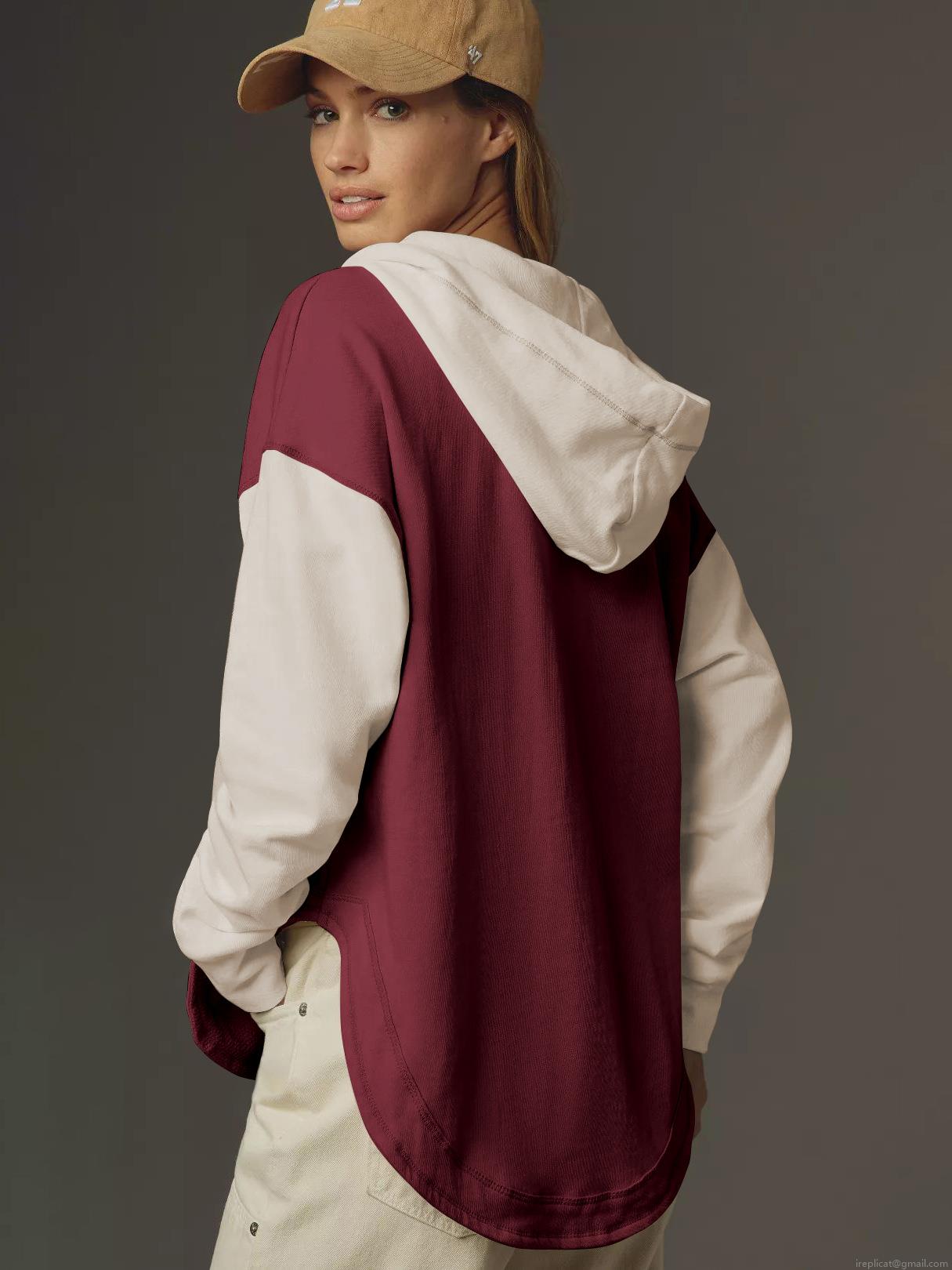 Women's Oversized V-Neck Hooded Sweatshirt Cotton Blend Contrast Color Drop Shoulder Long Sleeve Hoodie Casual Streetwear Pullover for Autumn Winter