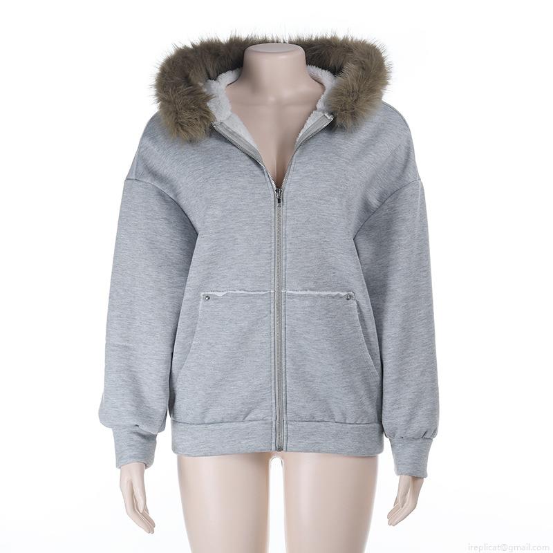 Women's American Retro Hooded Sweatshirt Jacket With Faux Fur Collar Thick Sherpa Lined Full Zip Loose Fit Winter Warm Fleece Hoodie Coat For Women