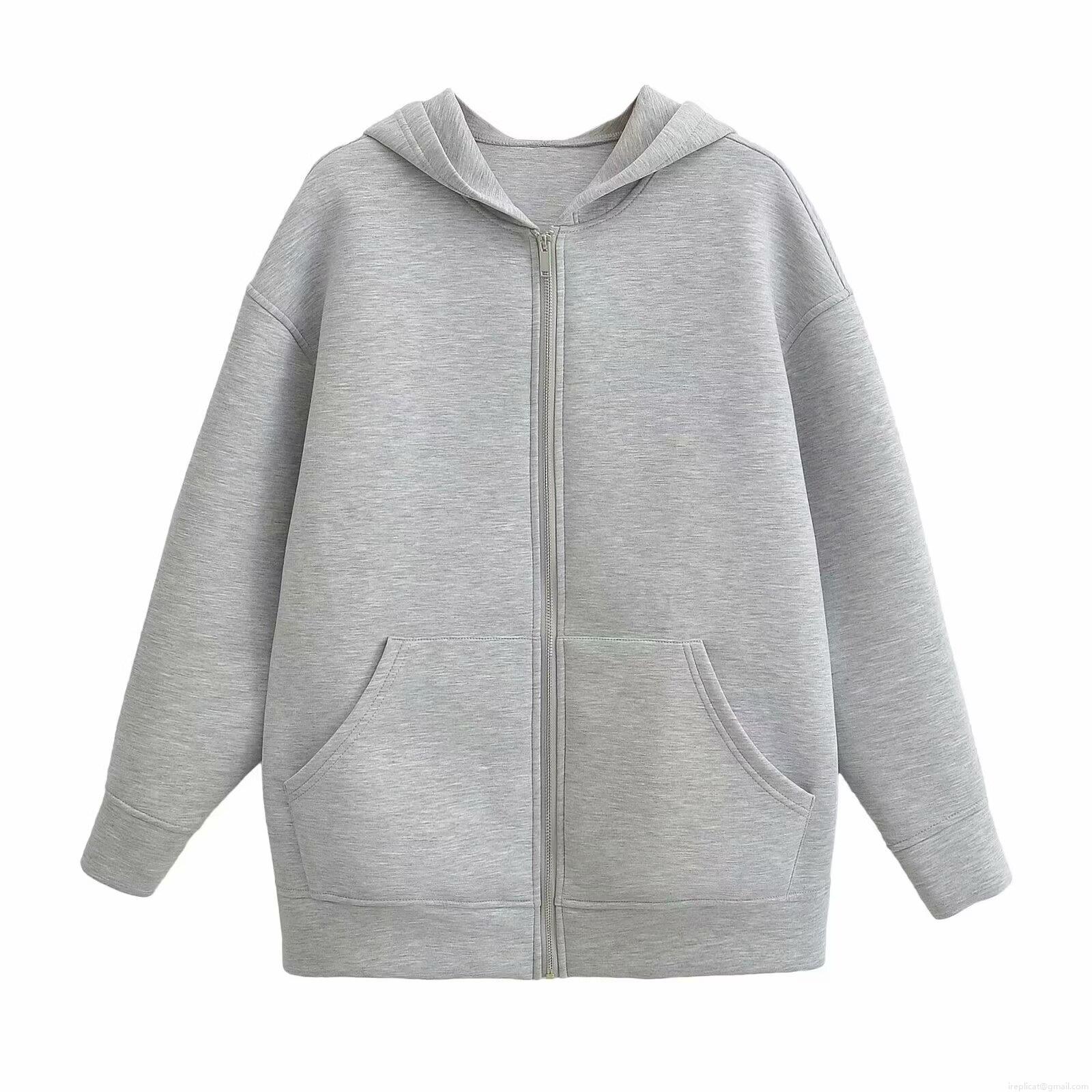 Women's Oversized Zip-Up Hoodie Space Cotton Hooded Sweatshirt Grey Loose Solid Color Long Sleeve Jacket With Pockets For Daily Casual Streetwear