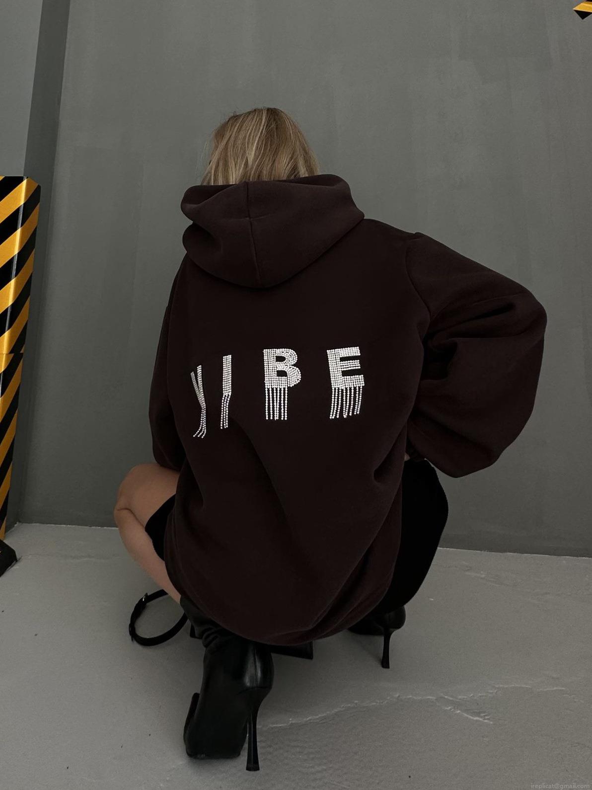 Women's Oversized Cotton Blend Hoodie With Rhinestone VIBE Letter Tassel Fashion Streetwear Long Sleeve Hooded Pullover Sweatshirt For Autumn Casual Trendy Lady
