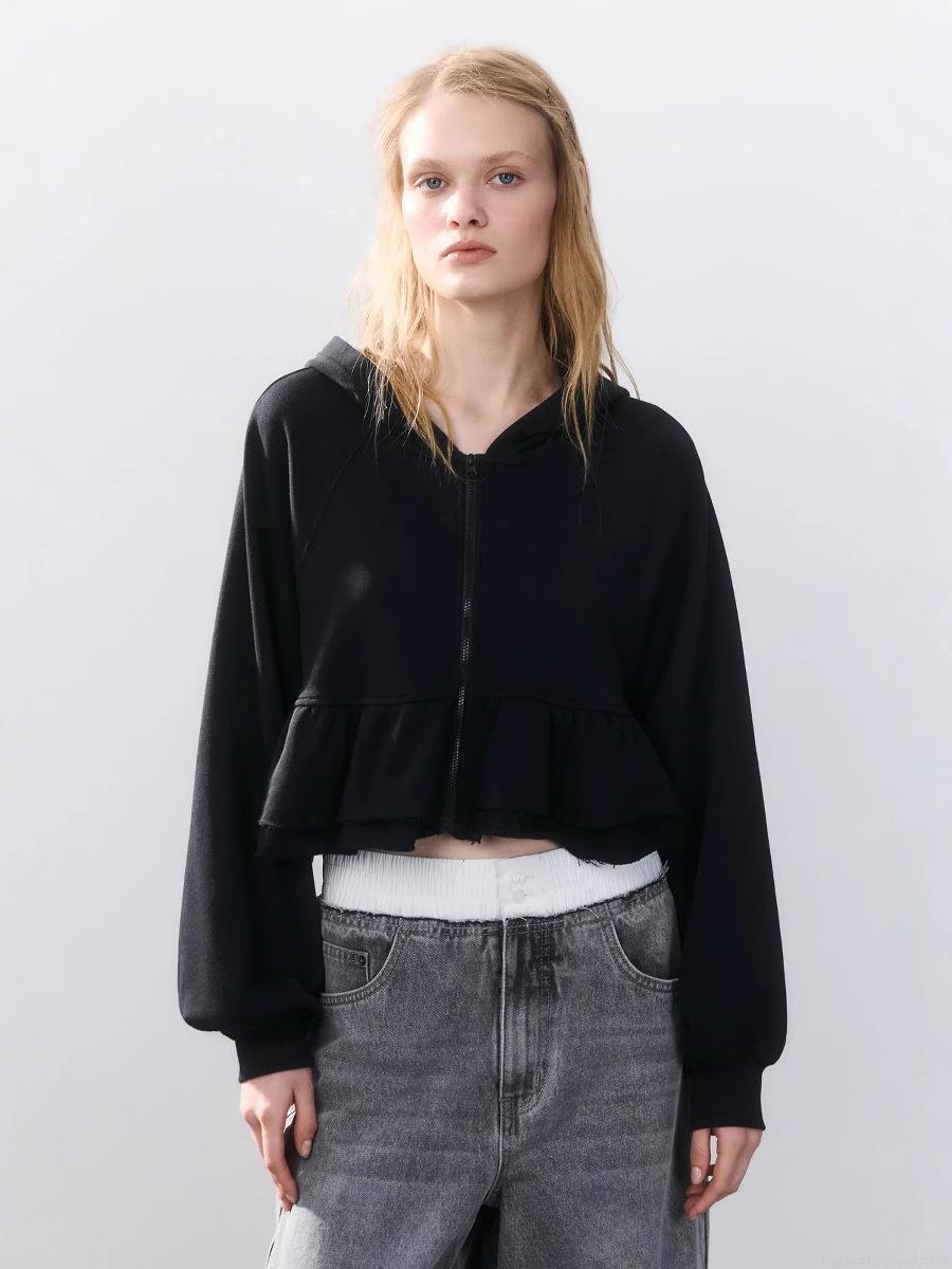 Women's Ruffle Hem Zip Up Hoodie Long Sleeve Hooded Sweatshirt Casual Loose Short Cardigan Jacket Solid Color Cotton Streetwear Tops