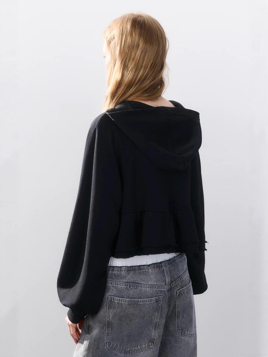 Women's Ruffle Hem Zip Up Hoodie Long Sleeve Hooded Sweatshirt Casual Loose Short Cardigan Jacket Solid Color Cotton Streetwear Tops