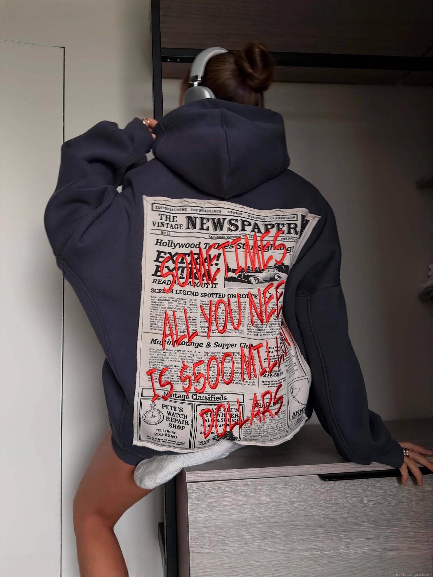 Women's Oversized Newspaper Print Hoodie Retro American Streetwear Letter Embroidery Drop Shoulder Long Sleeve Pullover Sweatshirt With Pocket