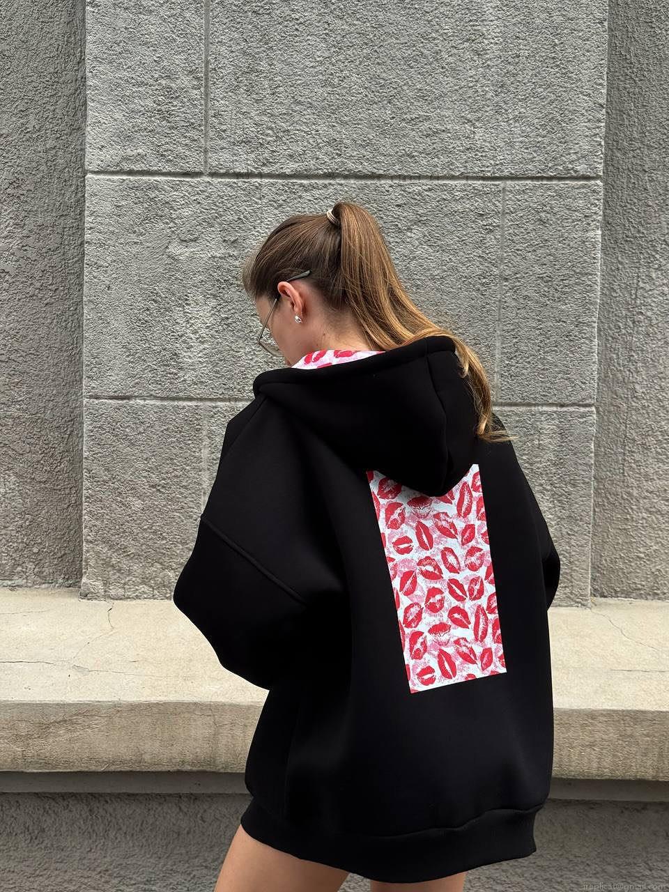 Women's Oversized 100% Cotton Hoodie Sexy Red Lip Print Boyfriend Style Warm Long Sleeve Zip Up Pullover Sweatshirt For Autumn Winter Streetwear