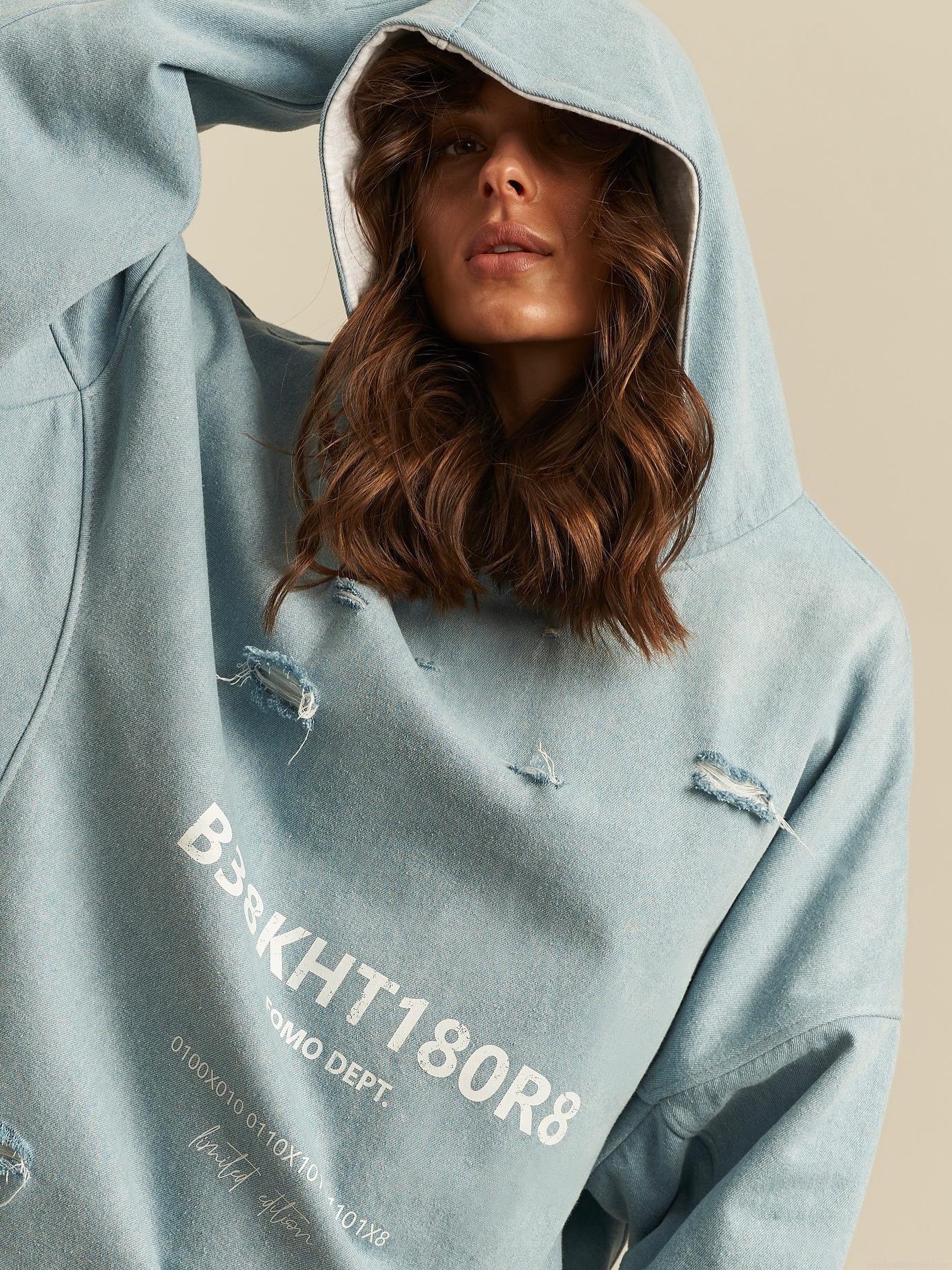 Women's Oversized Distressed Hooded Sweatshirt 100% Cotton Long Sleeve Pullover Streetwear Vintage Wash Light Blue Hoodie Letter Print Casual Autumn Winter Top