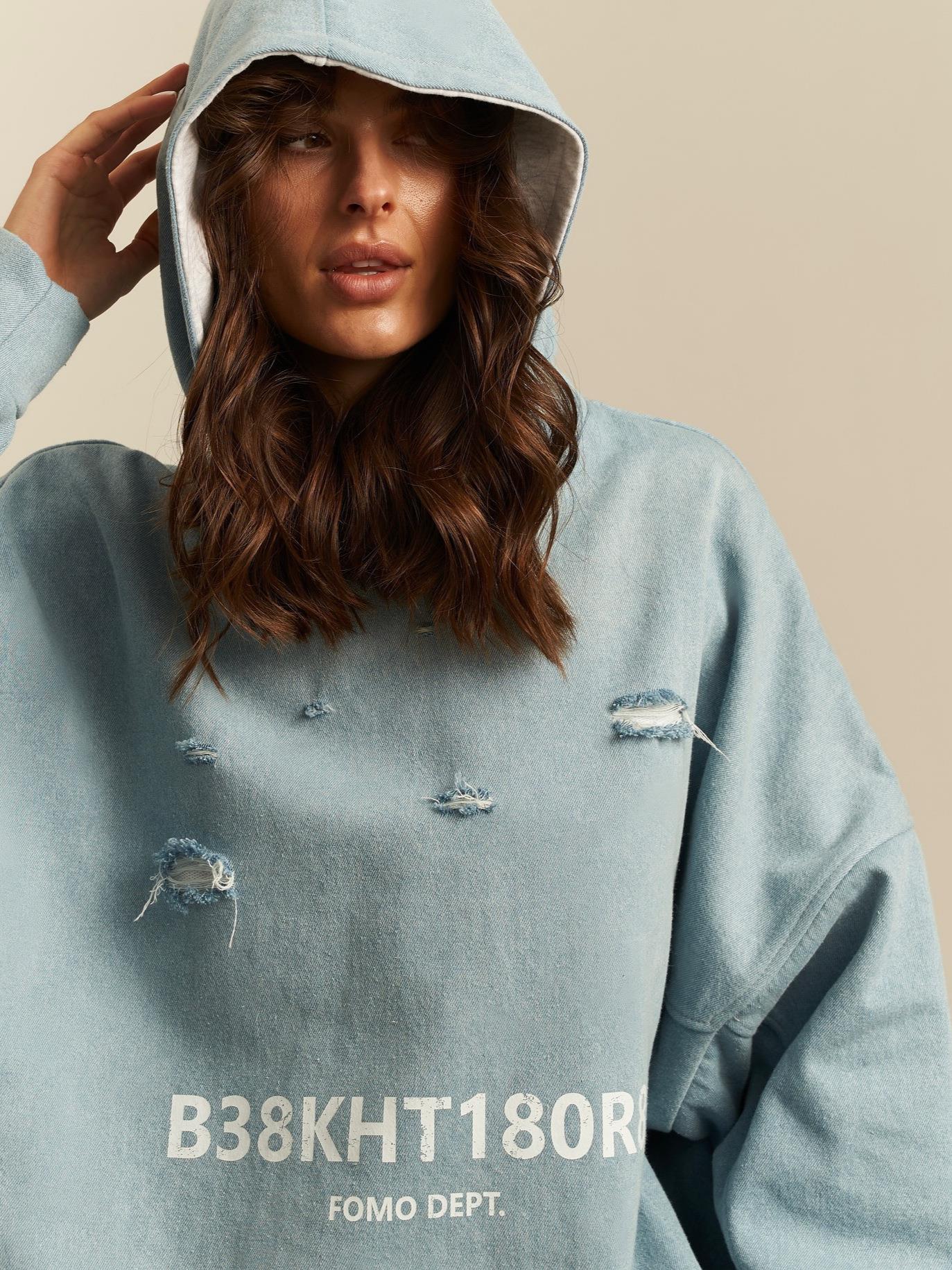 Women's Oversized Distressed Hooded Sweatshirt 100% Cotton Long Sleeve Pullover Streetwear Vintage Wash Light Blue Hoodie Letter Print Casual Autumn Winter Top