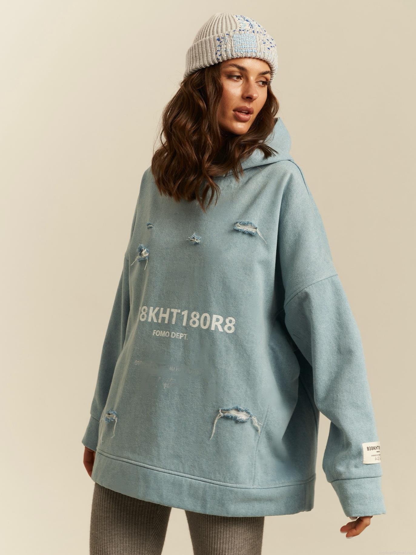 Women's Oversized Distressed Hooded Sweatshirt 100% Cotton Long Sleeve Pullover Streetwear Vintage Wash Light Blue Hoodie Letter Print Casual Autumn Winter Top
