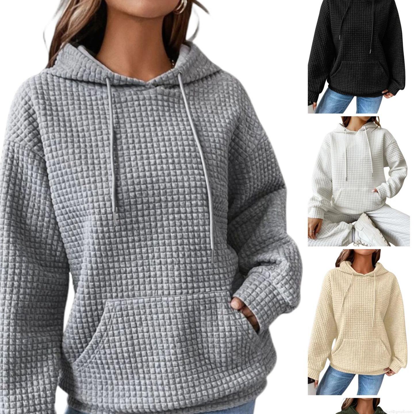 Women's Casual Waffle Knit Hoodie Sweatshirt Long Sleeve Drawstring Pullover Solid Color Polyester Hooded Top With Kangaroo Pocket For Daily Loungewear