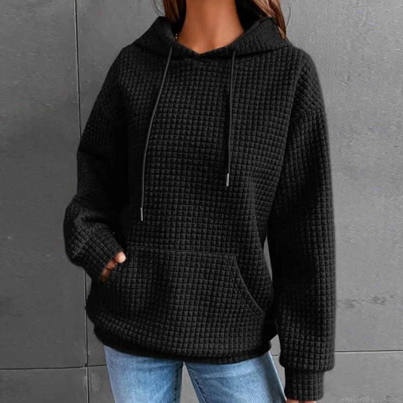 Women's Casual Waffle Knit Hoodie Sweatshirt Long Sleeve Drawstring Pullover Solid Color Polyester Hooded Top With Kangaroo Pocket For Daily Loungewear