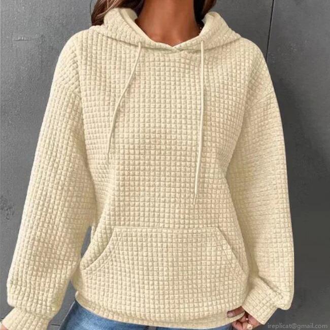 Women's Casual Waffle Knit Hoodie Sweatshirt Long Sleeve Drawstring Pullover Solid Color Polyester Hooded Top With Kangaroo Pocket For Daily Loungewear