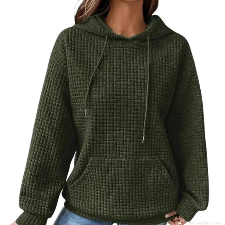 Women's Casual Waffle Knit Hoodie Sweatshirt Long Sleeve Drawstring Pullover Solid Color Polyester Hooded Top With Kangaroo Pocket For Daily Loungewear