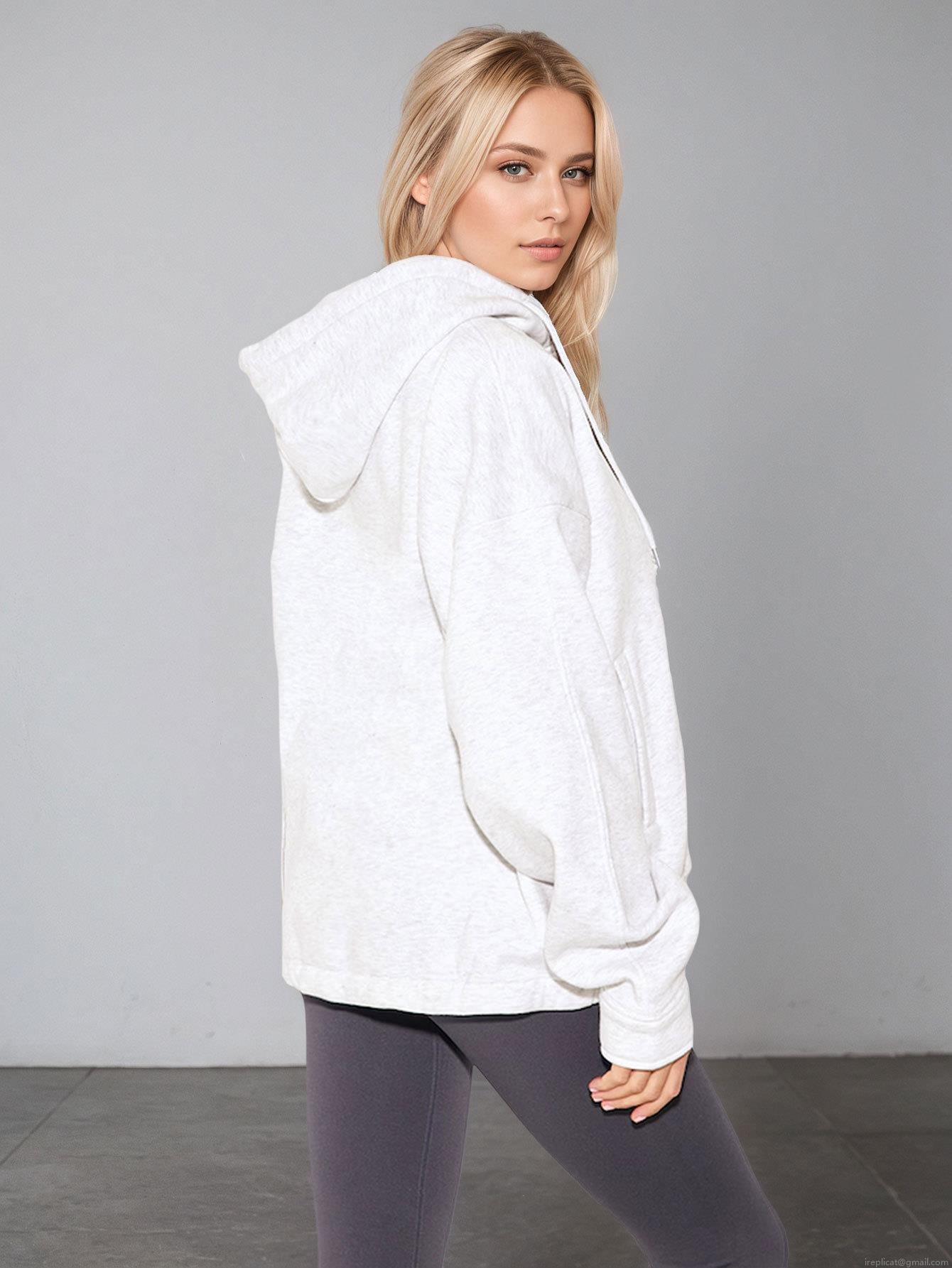 Women's Casual Zip-Up Hoodie Oversized Knit Sweatshirt Jacket With 80% Polyester 20% Cotton Solid Color Drawstring Hooded Top For Sports Outdoor Daily Women Clothing