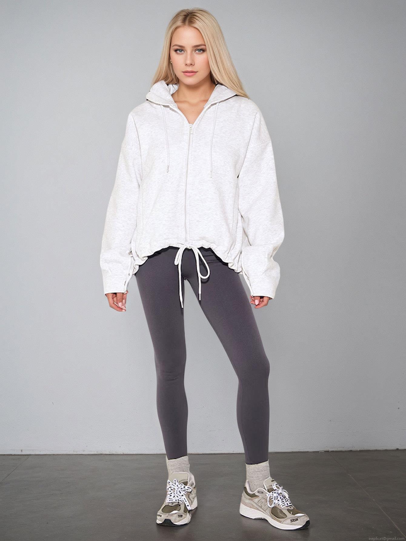 Women's Casual Zip-Up Hoodie Oversized Knit Sweatshirt Jacket With 80% Polyester 20% Cotton Solid Color Drawstring Hooded Top For Sports Outdoor Daily Women Clothing