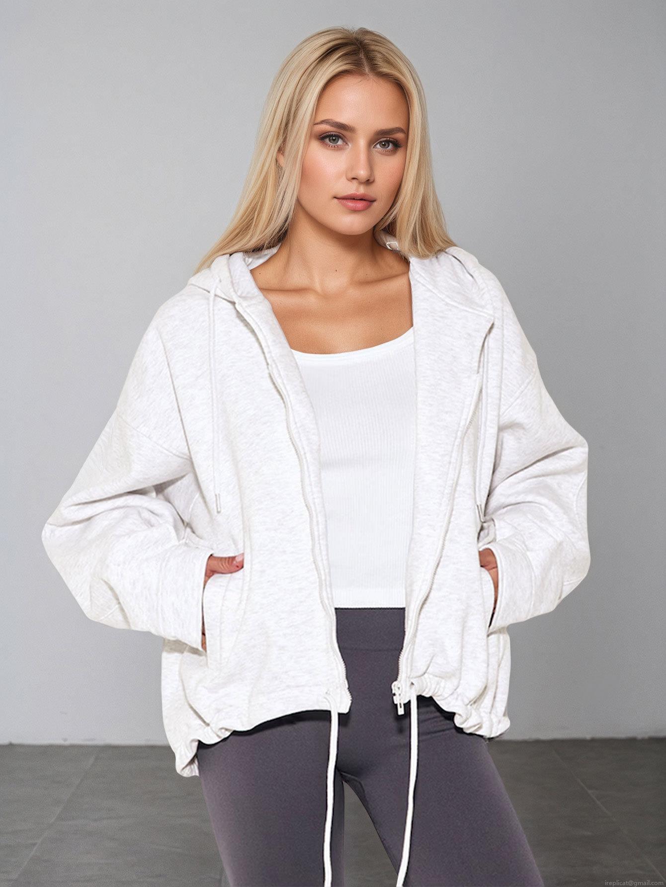 Women's Casual Zip-Up Hoodie Oversized Knit Sweatshirt Jacket With 80% Polyester 20% Cotton Solid Color Drawstring Hooded Top For Sports Outdoor Daily Women Clothing