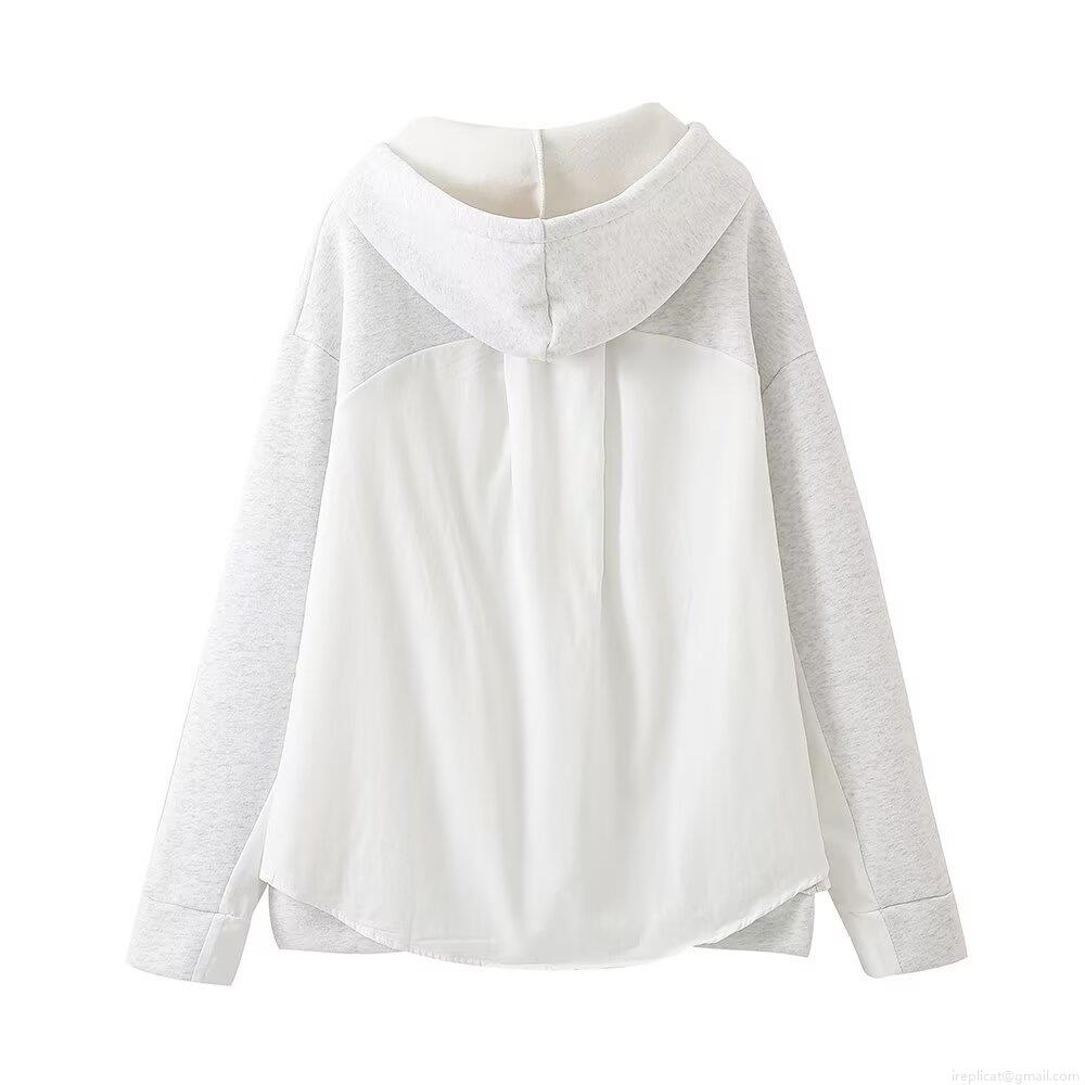 Women's Hooded Pullover Sweatshirt Contrast Patchwork Long Sleeve Hoodies With Kangaroo Pocket Loose Fit Casual Streetwear Top