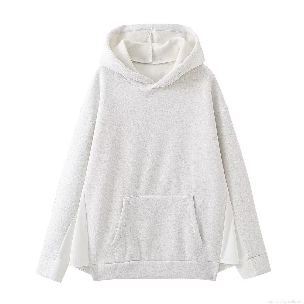 Women's Hooded Pullover Sweatshirt Contrast Patchwork Long Sleeve Hoodies With Kangaroo Pocket Loose Fit Casual Streetwear Top
