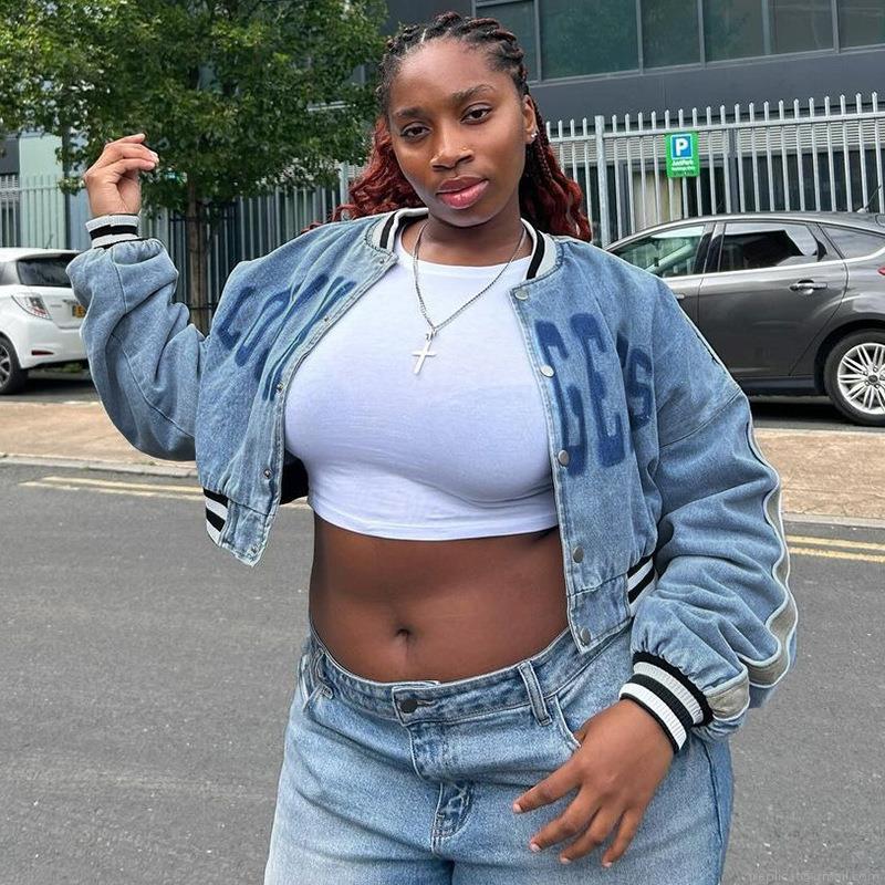 Women's Cropped Baseball Jacket 100% Polyester Denim Texture Long Sleeve Lantern Sleeve LOS ANGELES Letter Print Casual Streetwear Sporty Retro Varsity Style For Women Girls