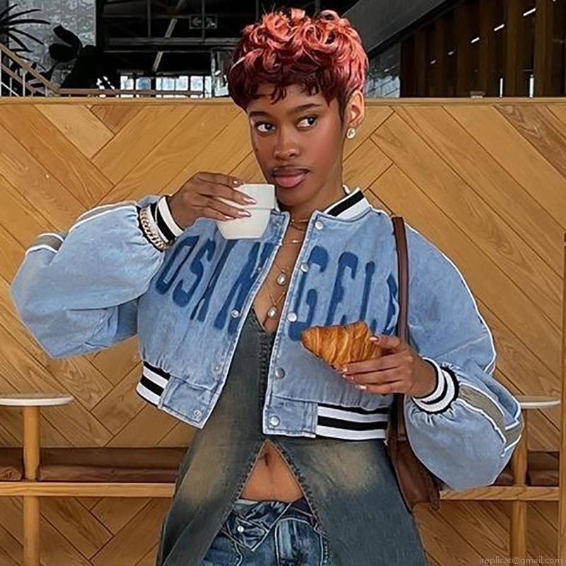 Women's Cropped Baseball Jacket 100% Polyester Denim Texture Long Sleeve Lantern Sleeve LOS ANGELES Letter Print Casual Streetwear Sporty Retro Varsity Style For Women Girls