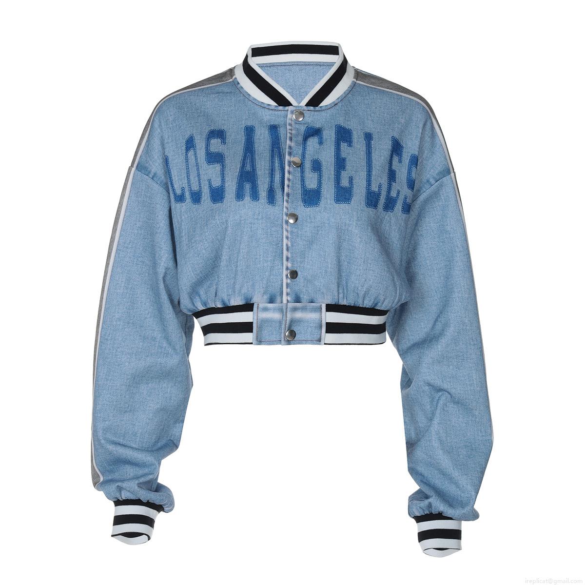 Women's Cropped Baseball Jacket 100% Polyester Denim Texture Long Sleeve Lantern Sleeve LOS ANGELES Letter Print Casual Streetwear Sporty Retro Varsity Style For Women Girls