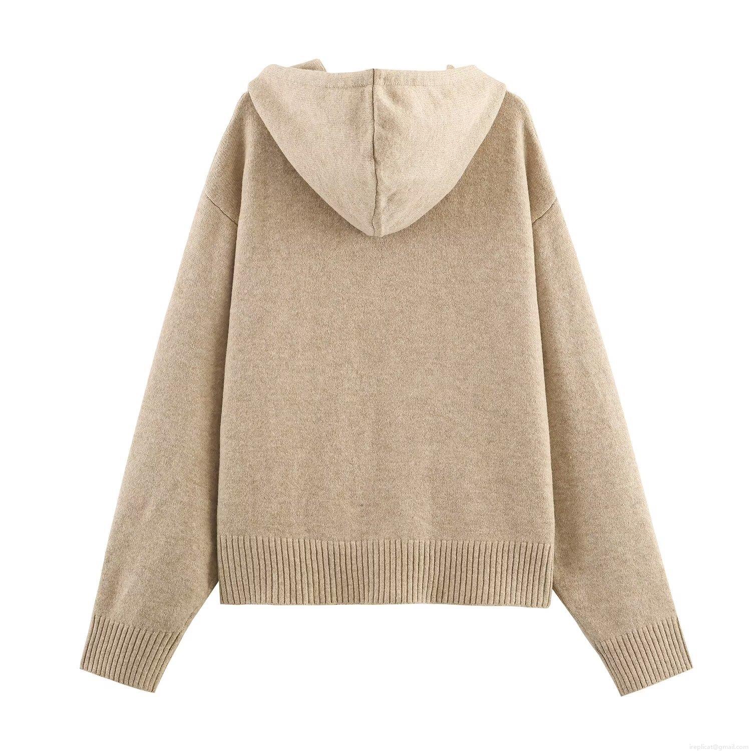 Women's Acrylic Nylon Knit Hoodie Cardigan Long Sleeve Zipper Jacket Casual Solid Color Knitted Sweatshirt With Pockets Hooded Outerwear For Autumn Winter