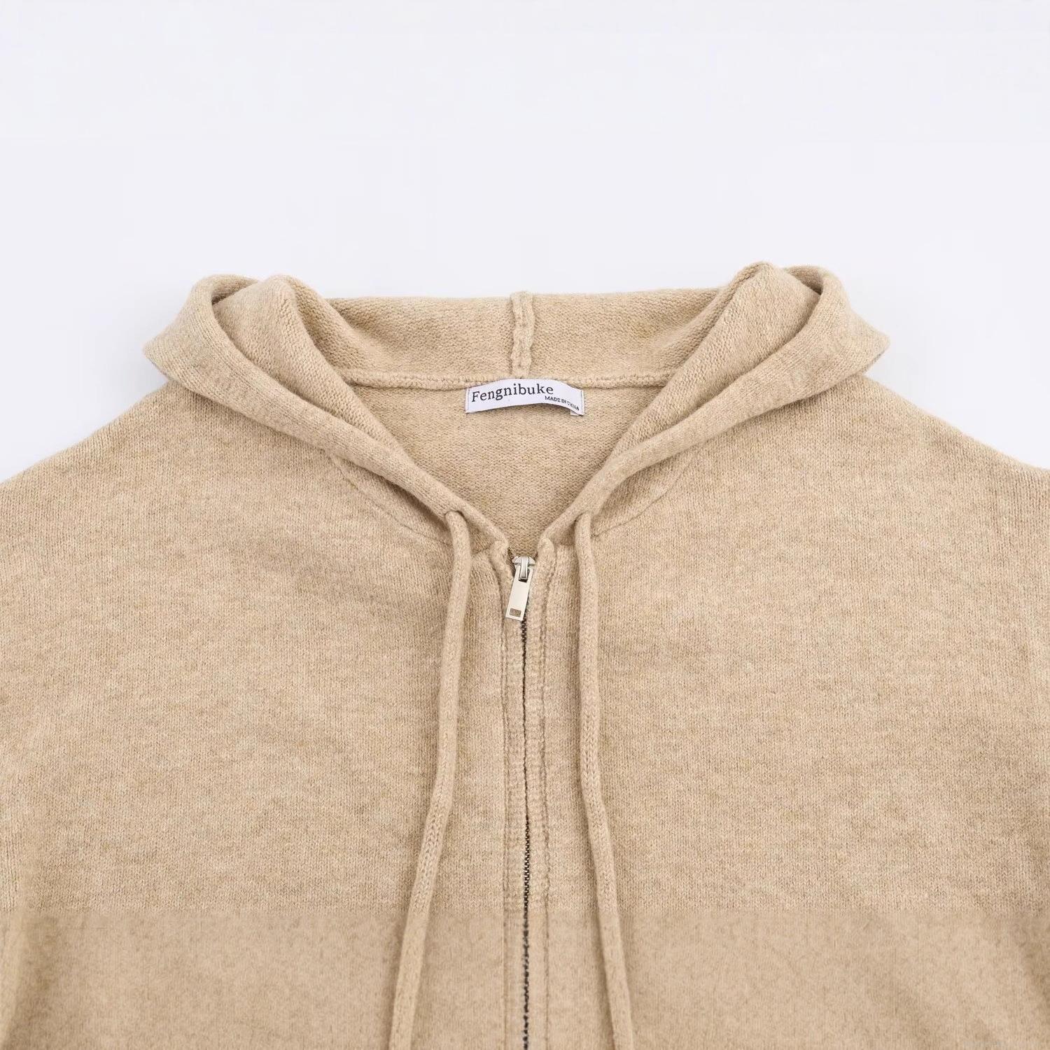 Women's Acrylic Nylon Knit Hoodie Cardigan Long Sleeve Zipper Jacket Casual Solid Color Knitted Sweatshirt With Pockets Hooded Outerwear For Autumn Winter
