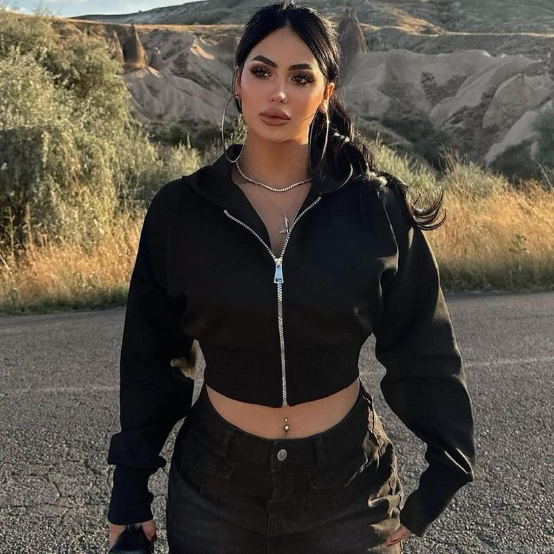 Women's 100% Polyester Cropped Zip Up Hoodie Long Sleeve Solid Color Slim Fit Hooded Sweatshirt Fall Streetwear Casual Jacket