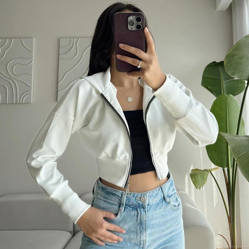 Women's 100% Polyester Cropped Zip Up Hoodie Long Sleeve Solid Color Slim Fit Hooded Sweatshirt Fall Streetwear Casual Jacket