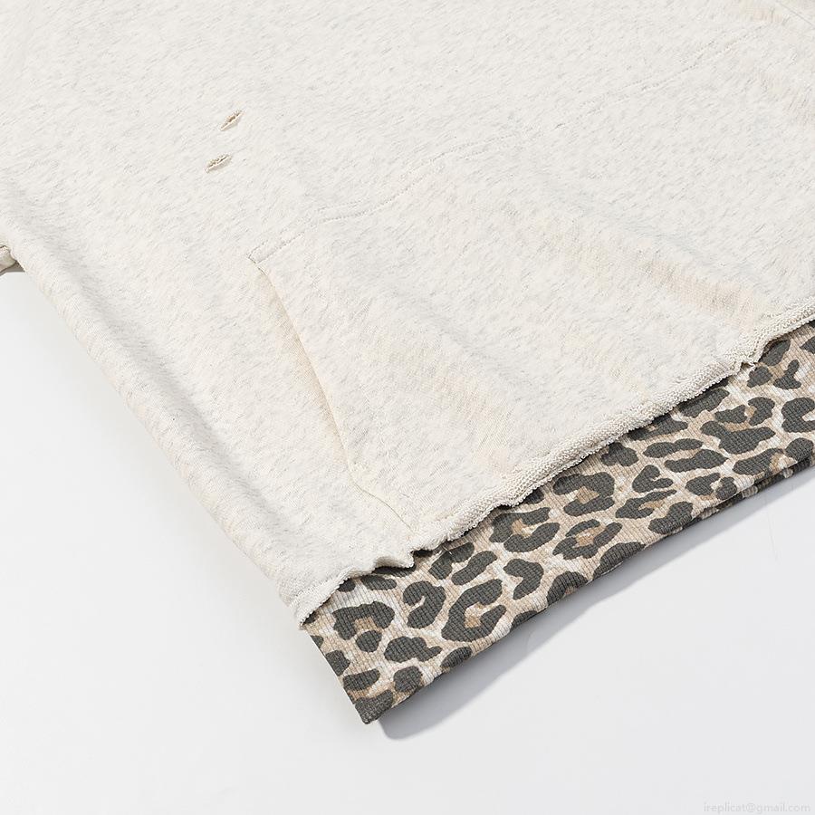 Women's Oversized Leopard Print Patchwork Hoodie Distressed Cotton Blend Sweatshirt Casual Long Sleeve Pullover Streetwear Top