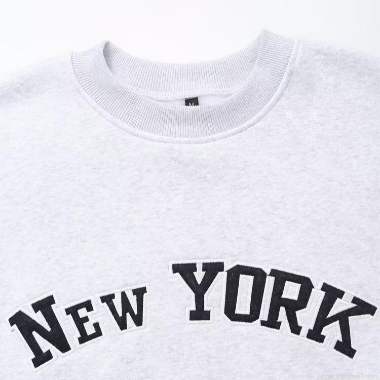 Women's Casual Cotton Blend Letter Embroidery Sweatshirt Loose Fit Round Neck Pullover Long Sleeve Fleece Top New York Print Grey Jumper