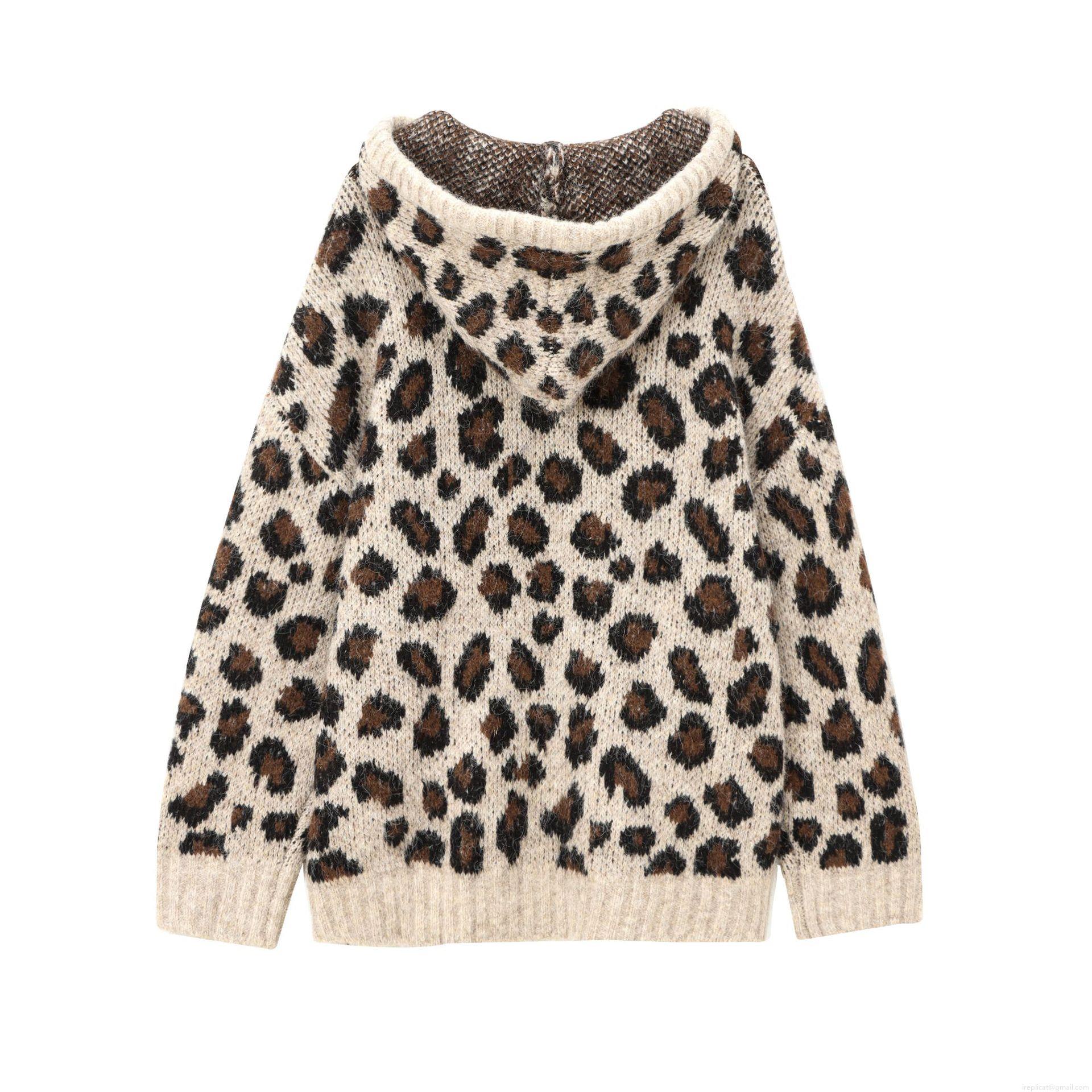 Women's Oversized Leopard Print Knit Hoodie Polyester Long Sleeve Kangaroo Pocket Pullover Sweater Streetwear Casual Autumn Winter Tops