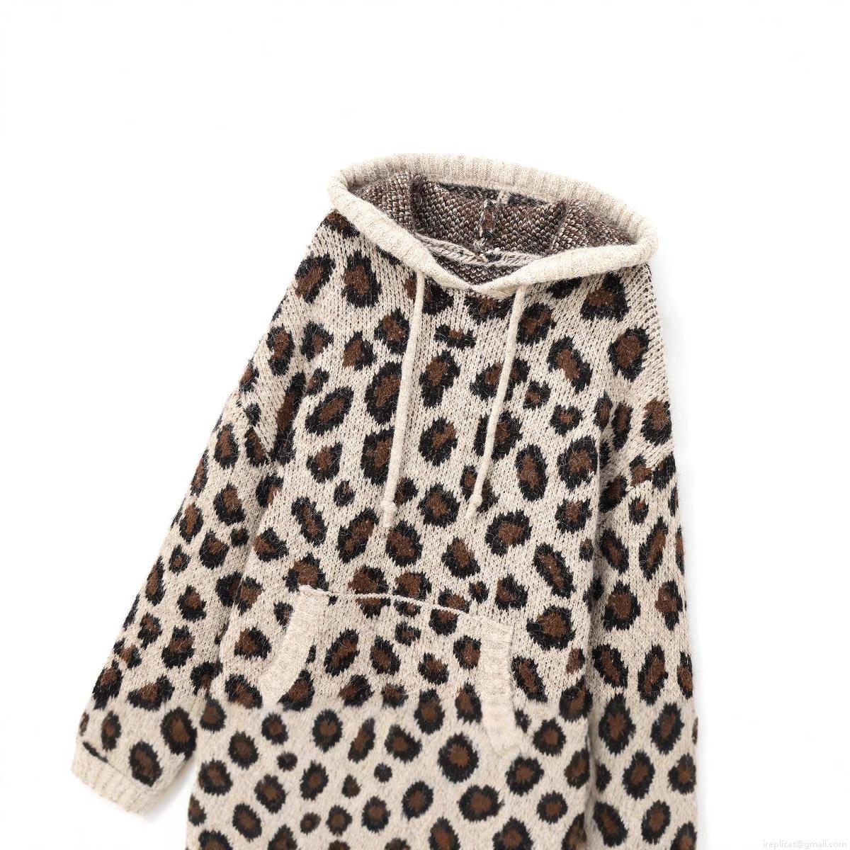 Women's Oversized Leopard Print Knit Hoodie Polyester Long Sleeve Kangaroo Pocket Pullover Sweater Streetwear Casual Autumn Winter Tops