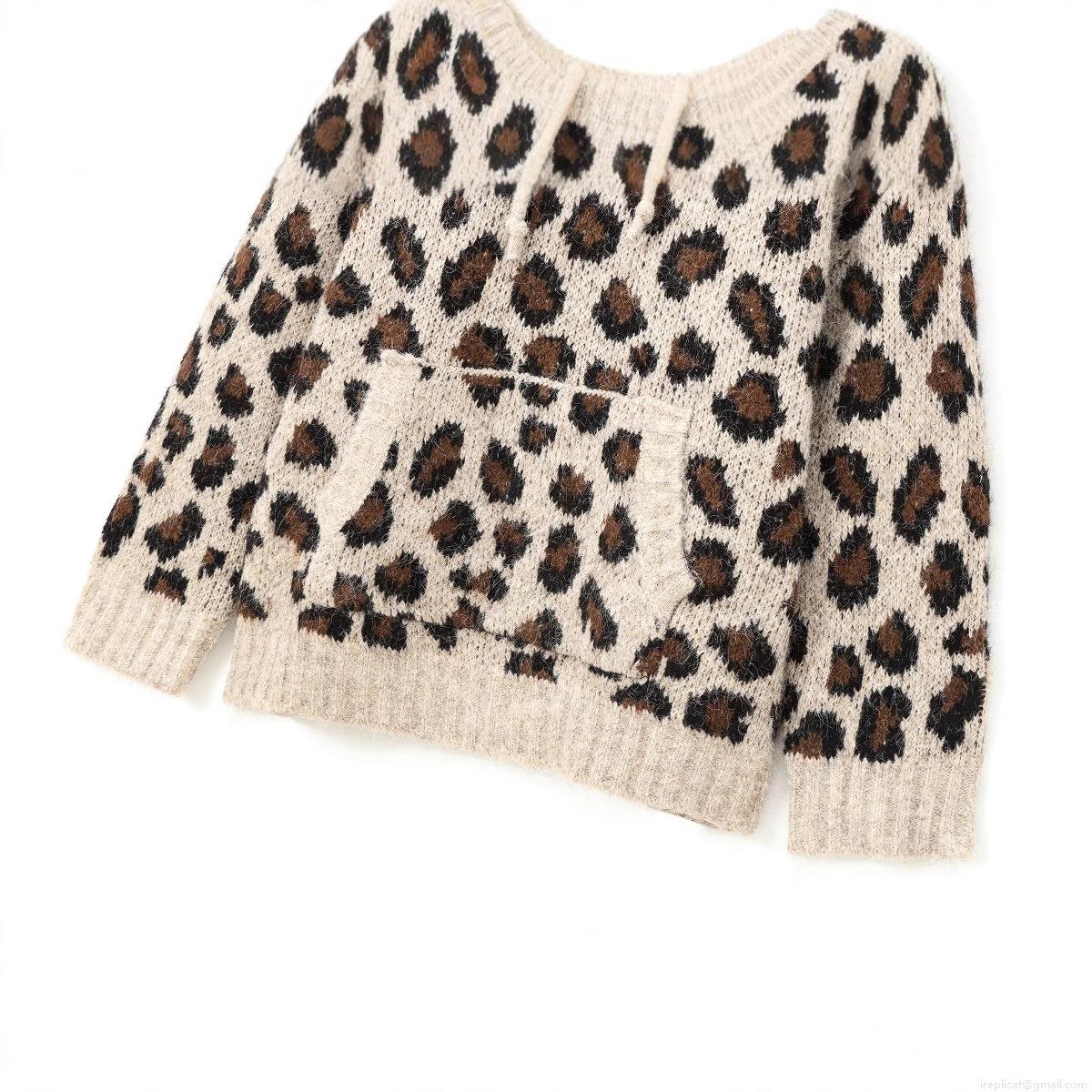 Women's Oversized Leopard Print Knit Hoodie Polyester Long Sleeve Kangaroo Pocket Pullover Sweater Streetwear Casual Autumn Winter Tops
