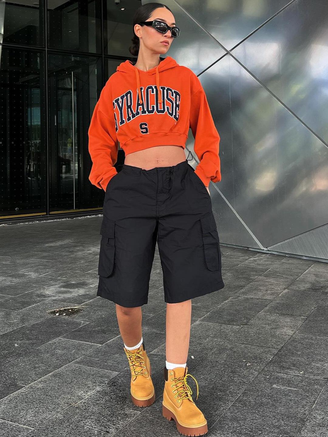 Women American Street Style Letter Print Hooded Sweatshirt Cropped Loose Casual Long Sleeve Sporty Hoodie Cotton Blend Pullover Autumn Streetwear