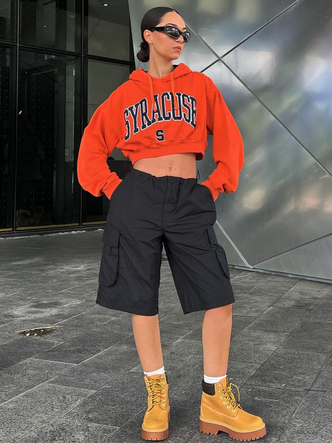 Women American Street Style Letter Print Hooded Sweatshirt Cropped Loose Casual Long Sleeve Sporty Hoodie Cotton Blend Pullover Autumn Streetwear