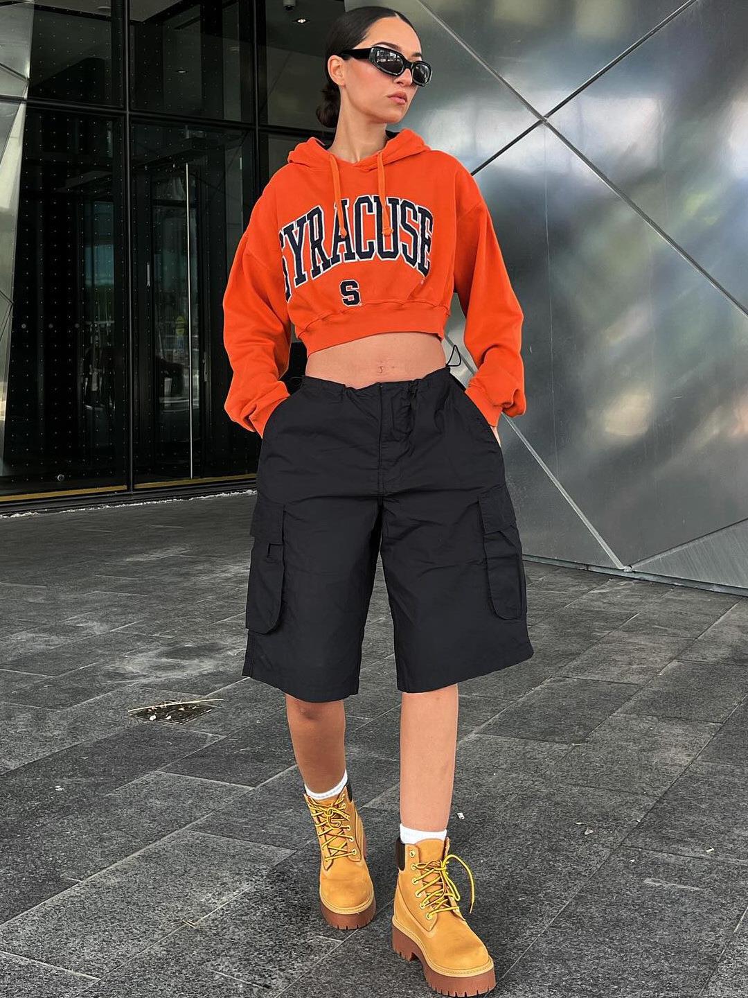 Women American Street Style Letter Print Hooded Sweatshirt Cropped Loose Casual Long Sleeve Sporty Hoodie Cotton Blend Pullover Autumn Streetwear